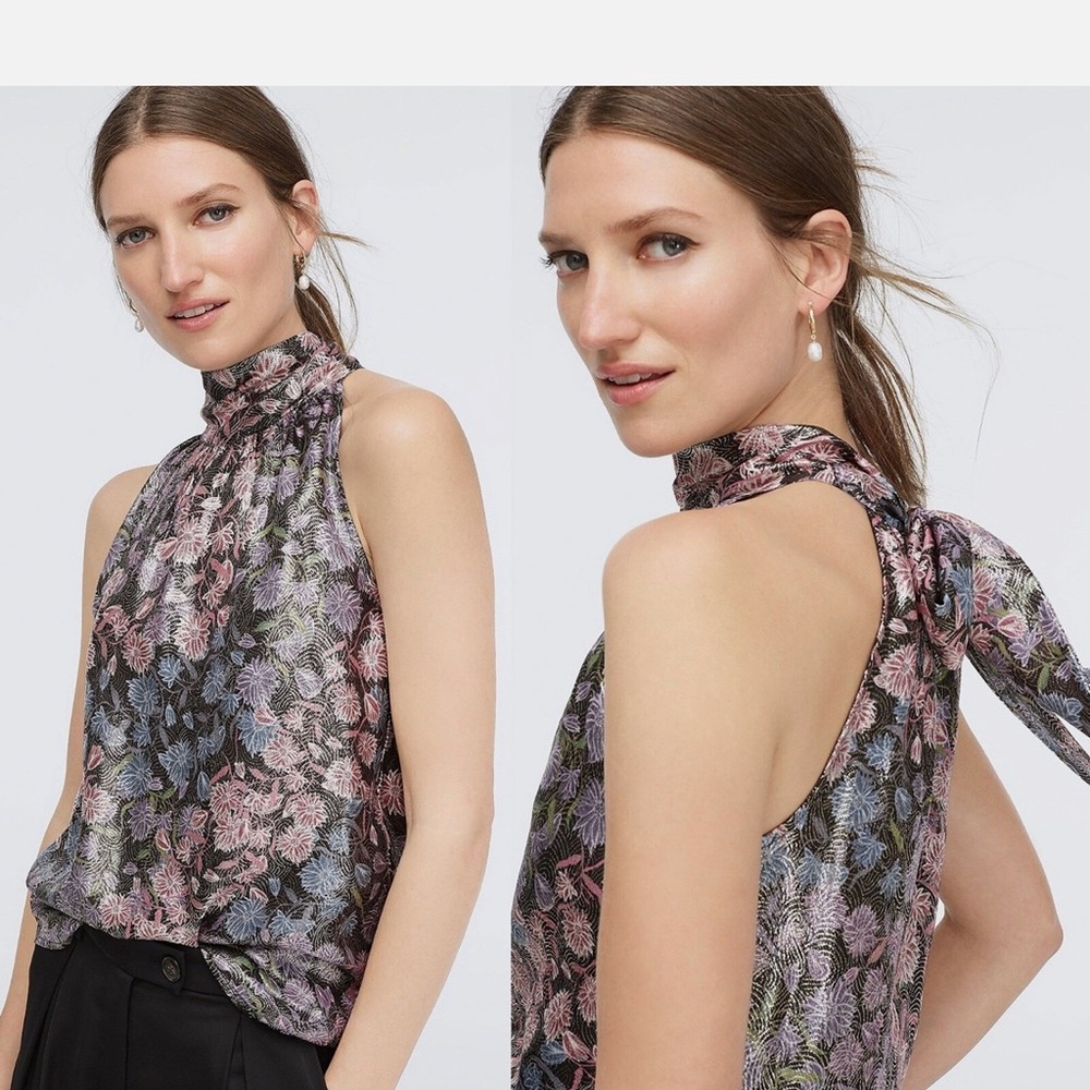 J Crew COLLECTION Halter Tie Neck Top in Shimmering Floral Jacquard XL